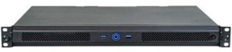 Serwer rackowy 1U czarny z panelem przednim zawierającym przycisk zasilania i port USB, do montażu w szafie rackowej.