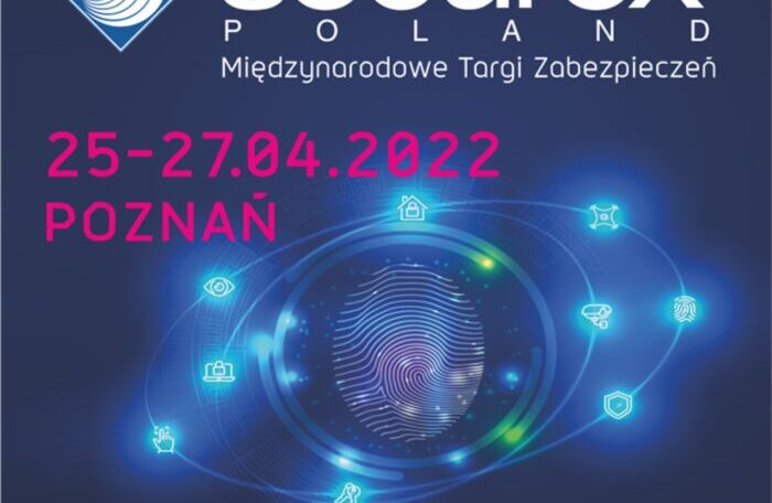 Logo i informacja o Securex Poland Międzynarodowe Targi Zabezpieczeń, data 25-27.04.2022 Poznań, hasło Zabezpiecz swój sukces, grafika odcisk palca i ikony bezpieczeństwa.